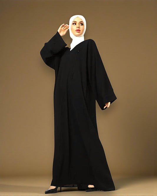 Closed Mahram Abaya with Piping Design and Beadwork in Premium Tiktok Fabric