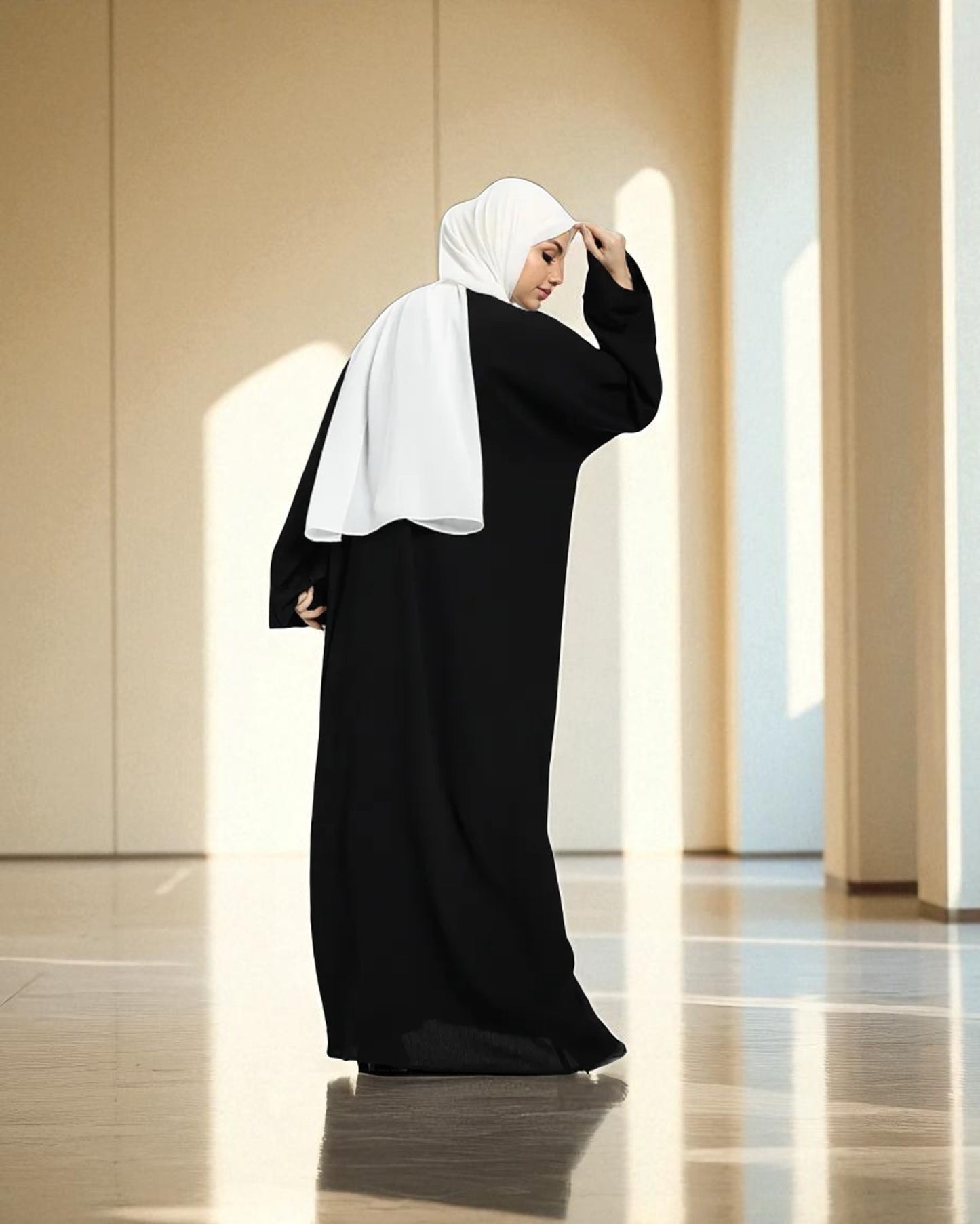 Closed Abaya with Piping Design and Beadwork - Wide Sleeves - Side Pockets - Premium Tiktok Fabric - Complementary Hijab