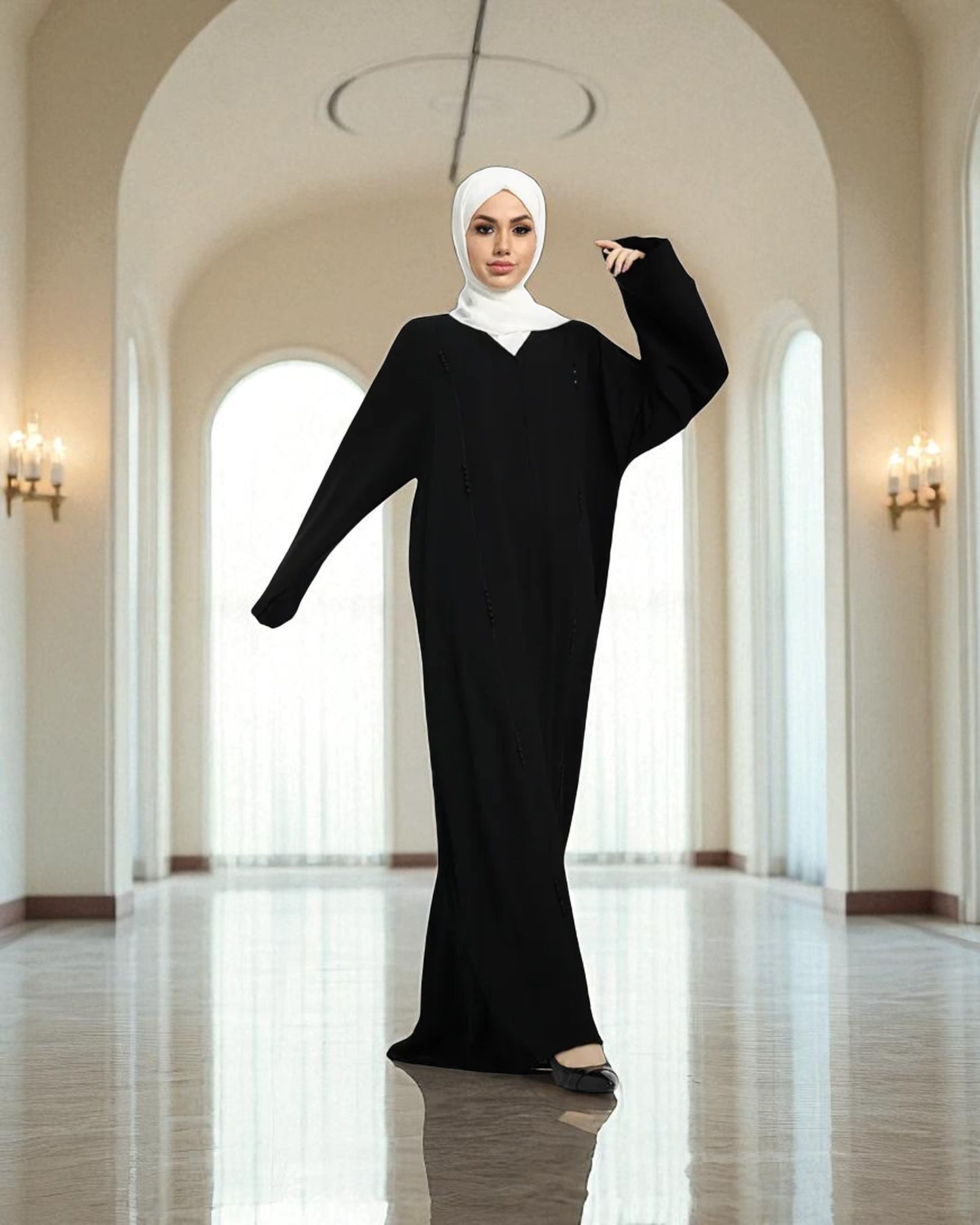 Closed Abaya with Piping Design and Beadwork - Wide Sleeves - Side Pockets - Premium Tiktok Fabric - Complementary Hijab