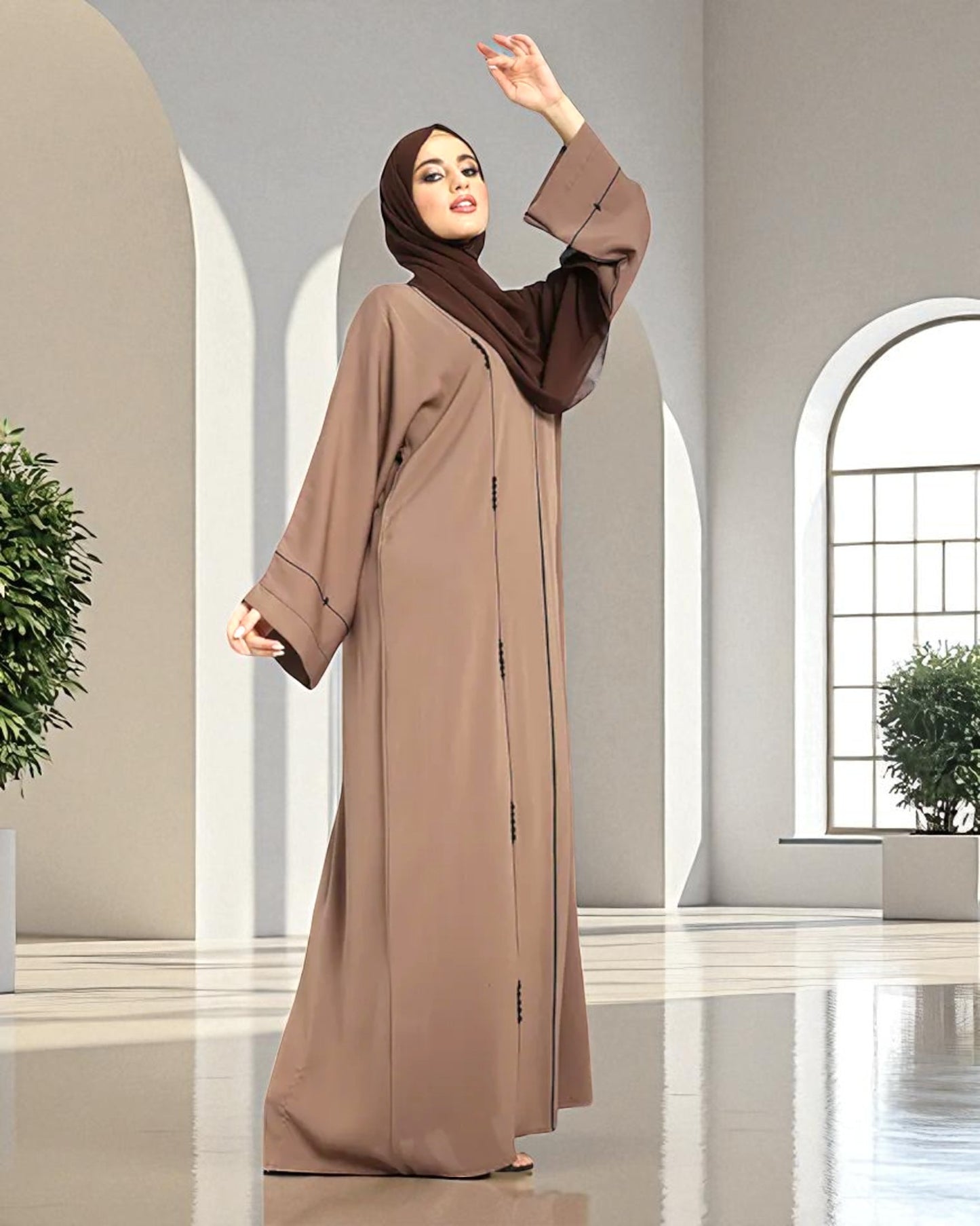 Closed Abaya with Piping Design and Beadwork - Wide Sleeves - Side Pockets - Premium Tiktok Fabric - Complementary Hijab