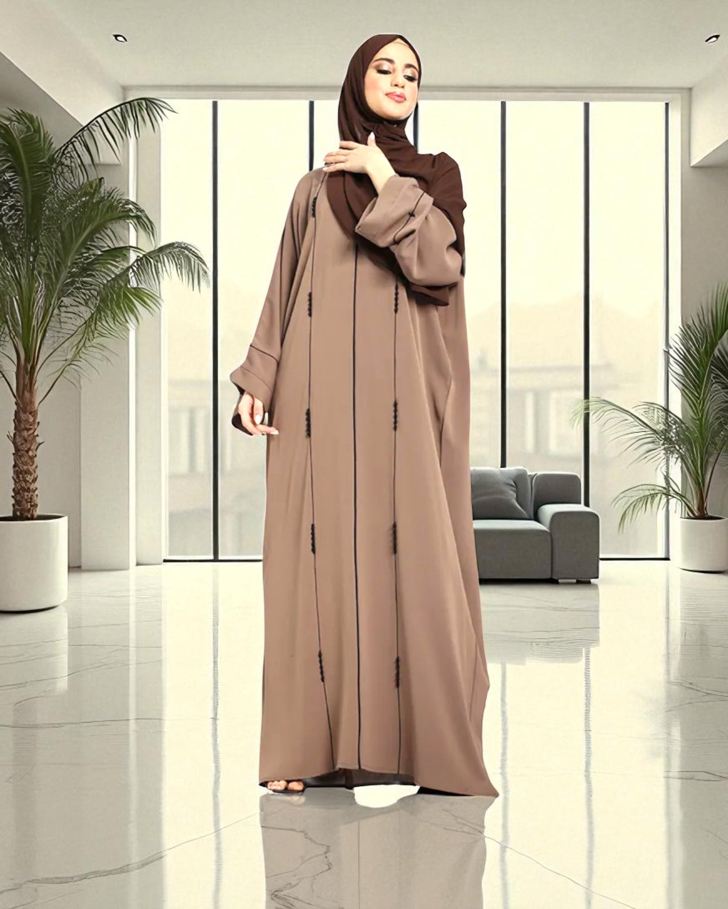 Closed Abaya with Piping Design and Beadwork - Wide Sleeves - Side Pockets - Premium Tiktok Fabric - Complementary Hijab