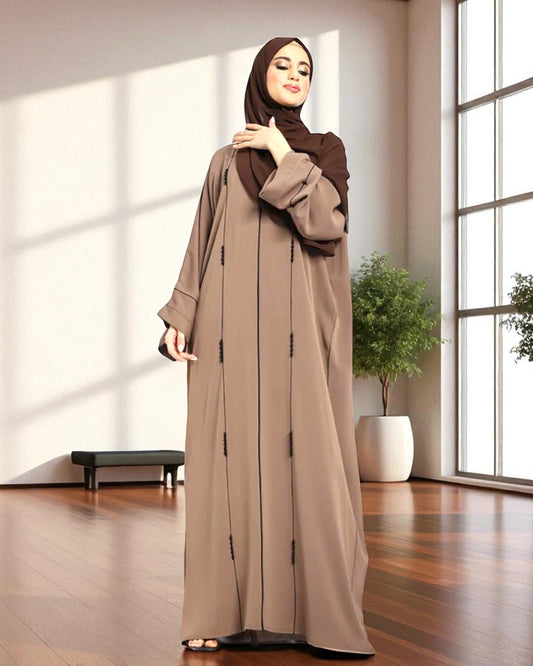 Closed Abaya with Piping Design and Beadwork - Wide Sleeves - Side Pockets - Premium Tiktok Fabric - Complementary Hijab