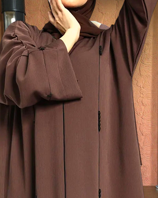 Closed Mahram Abaya with Piping Design and Beadwork in Premium Tiktok Fabric