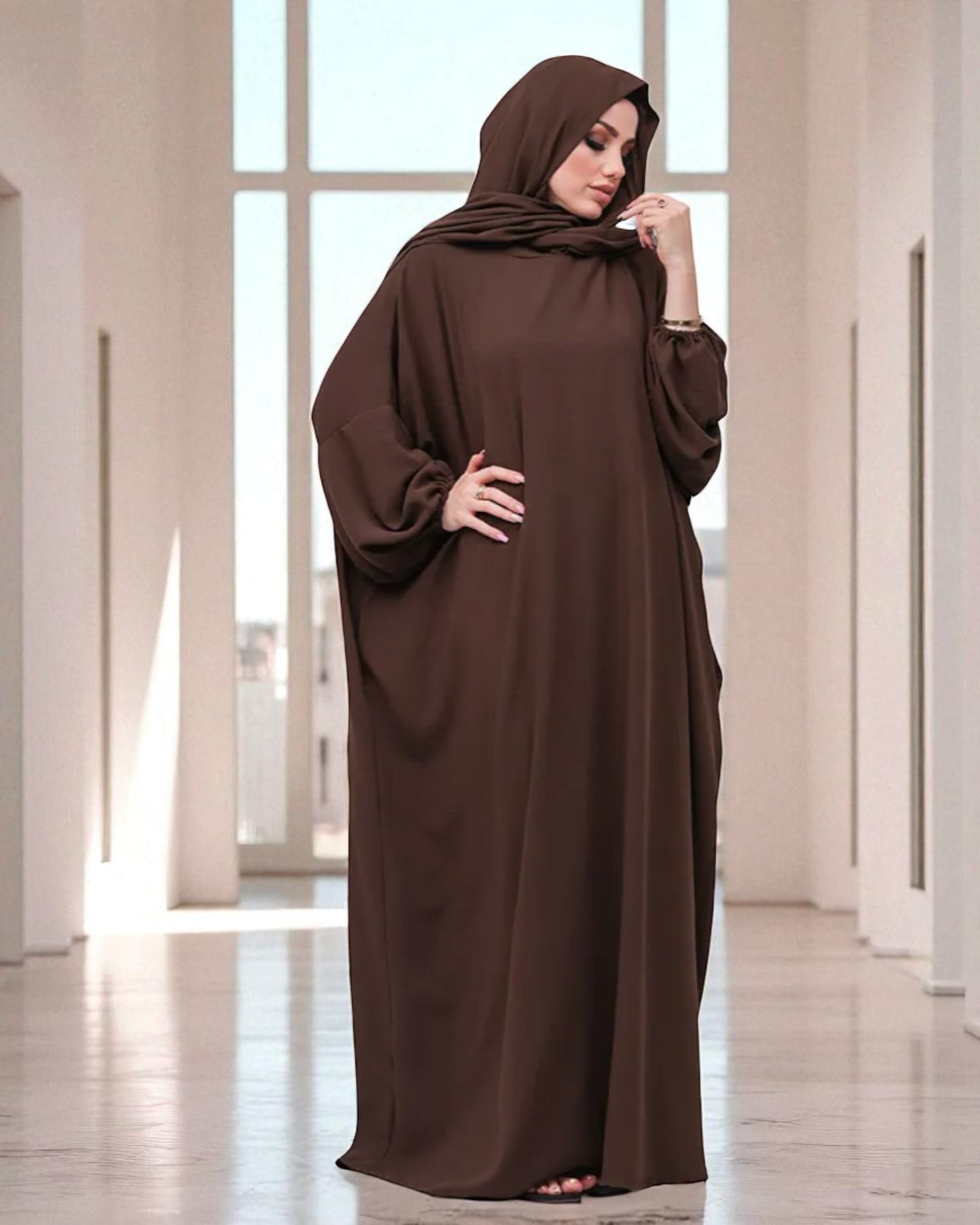 Free Size Kaftan Abaya - CYE Crush Fabric - Elasticated Sleeves - Matching Hijab