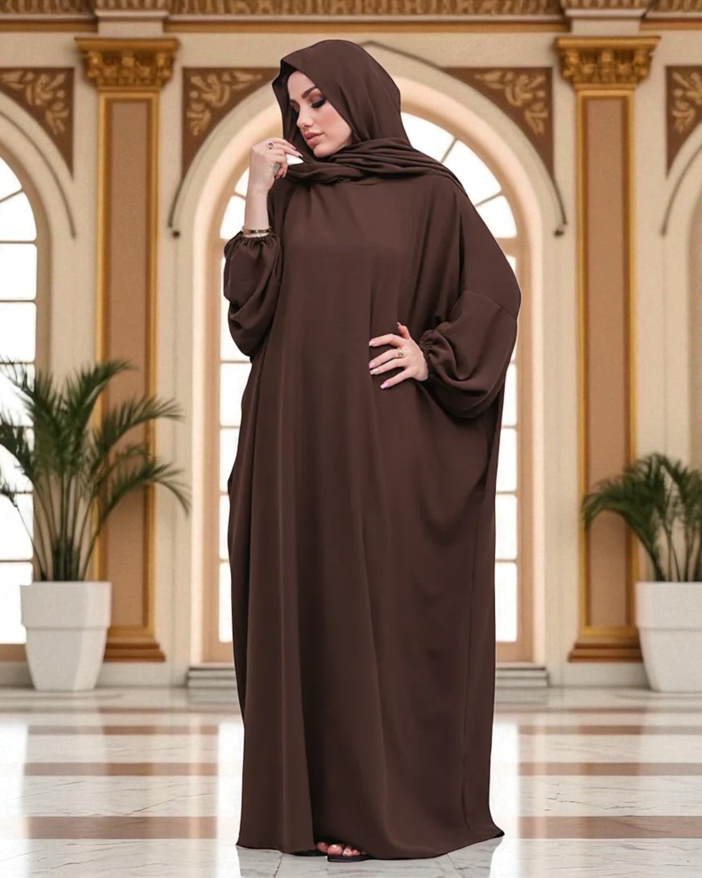 Free Size Kaftan Abaya - CYE Crush Fabric - Elasticated Sleeves - Matching Hijab