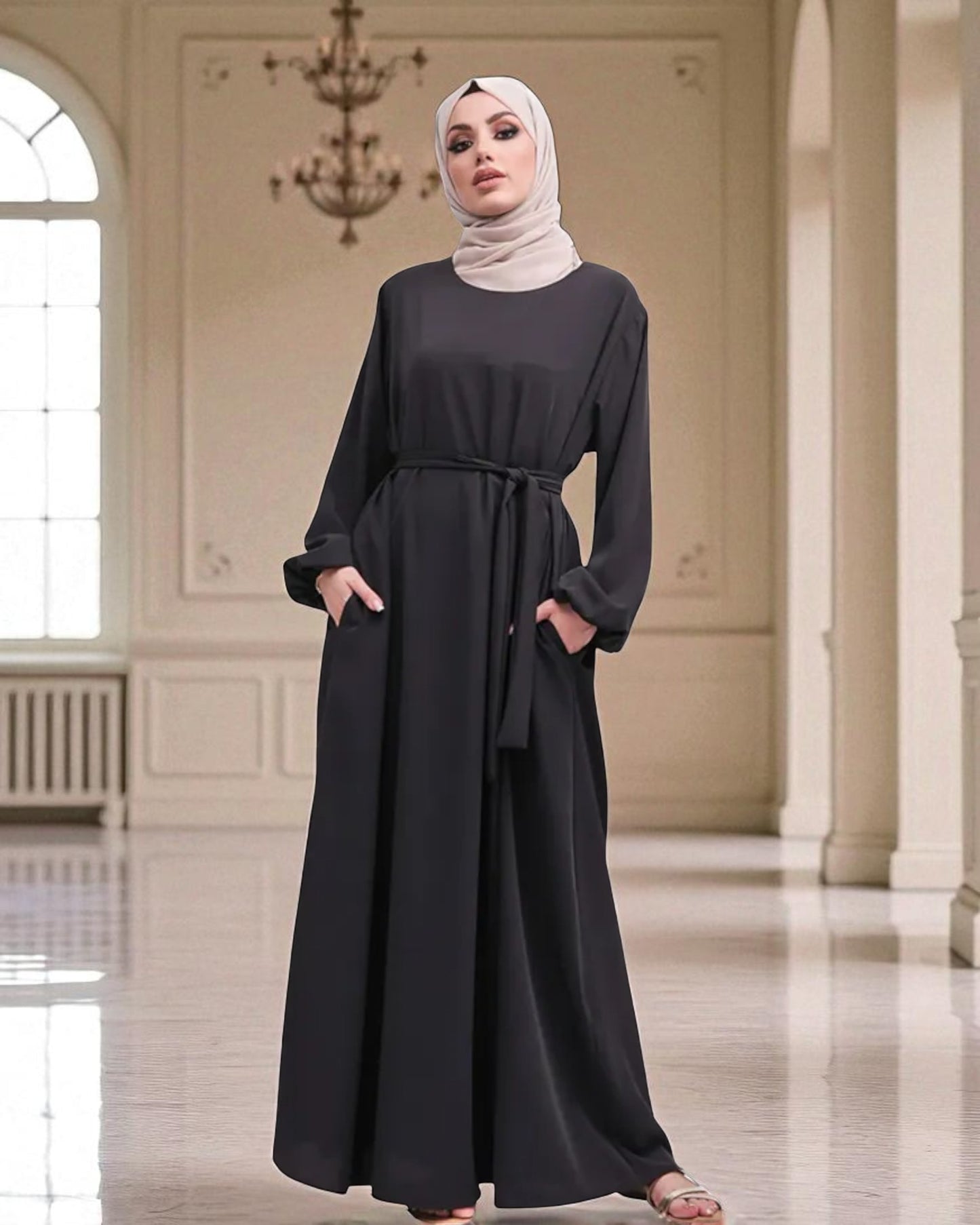 Closed Abaya with Flare - Elasticated Sleeves - Side Pockets - Matching Belt - Complementary Hijab - Nida Satin Fabric