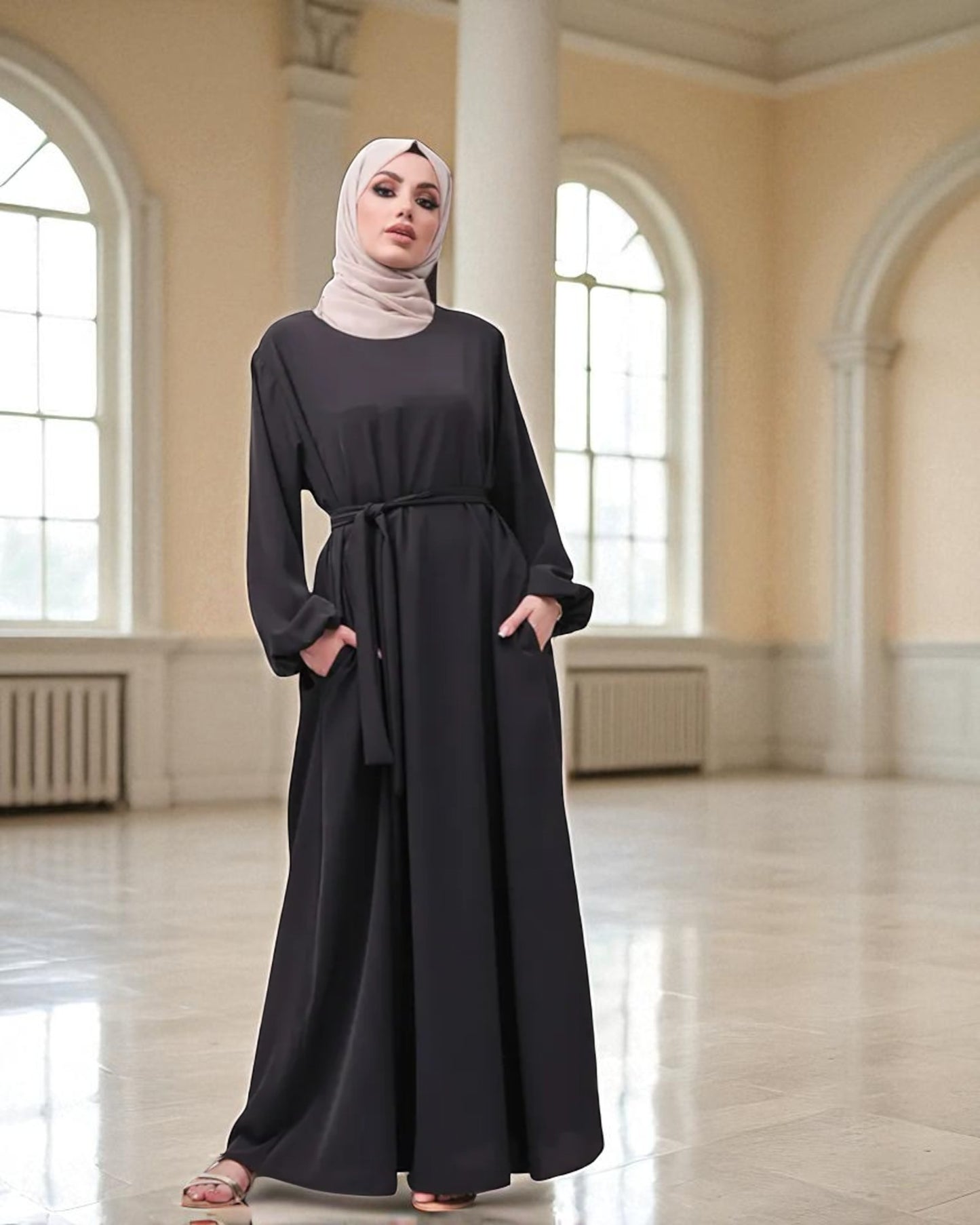 Closed Abaya with Flare - Elasticated Sleeves - Side Pockets - Matching Belt - Complementary Hijab - Nida Satin Fabric