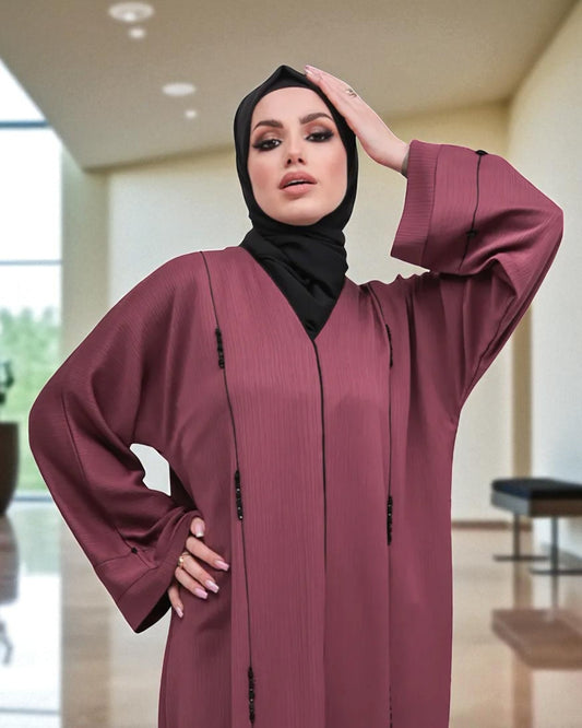 Closed Abaya with Piping Design and Beadwork - Wide Sleeves - Side Pockets - Premium Tiktok Fabric - Complementary Hijab