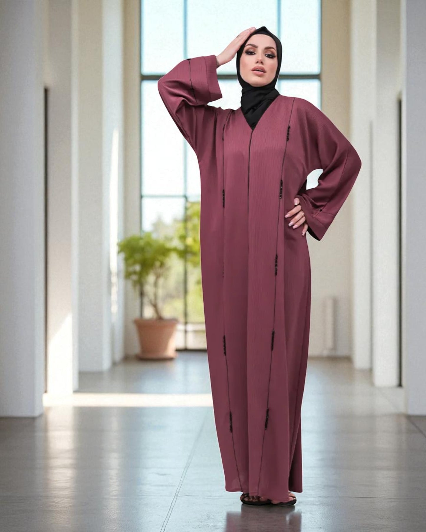 Closed Abaya with Piping Design and Beadwork - Wide Sleeves - Side Pockets - Premium Tiktok Fabric - Complementary Hijab