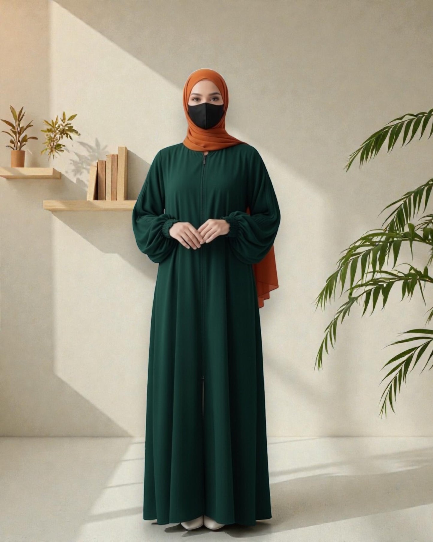 Green Abaya With Hijab – Front Open Zipper Style