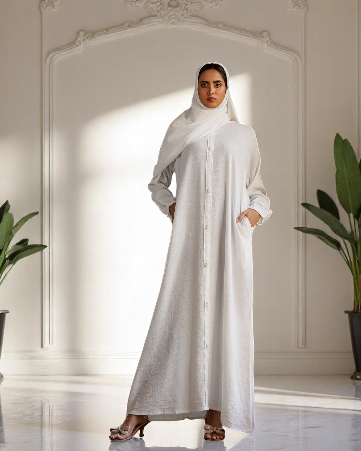 A-Line Closed White Abaya in CYE Crush Fabric with Show Buttons, Wide Sleeves, Pockets & V-Neck
