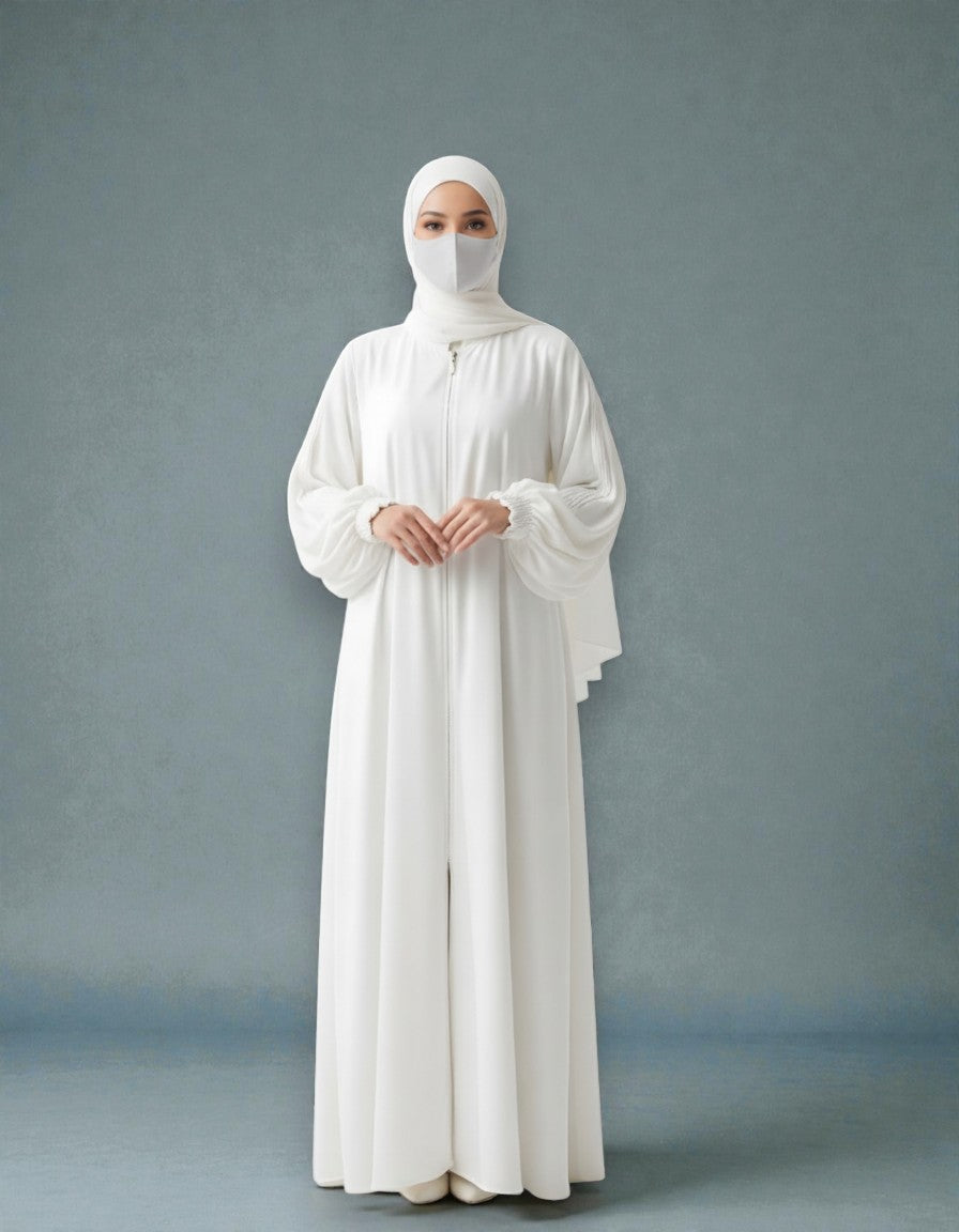White Abaya With Hijab – Front Open Zipper Style