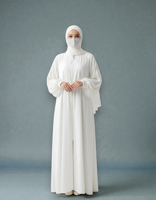 White Abaya With Hijab – Front Open Zipper Style