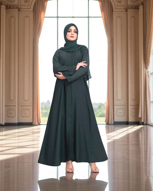 Front Open Abaya with Placket - Side Pockets - Regular Sleeves - Matching Hijab