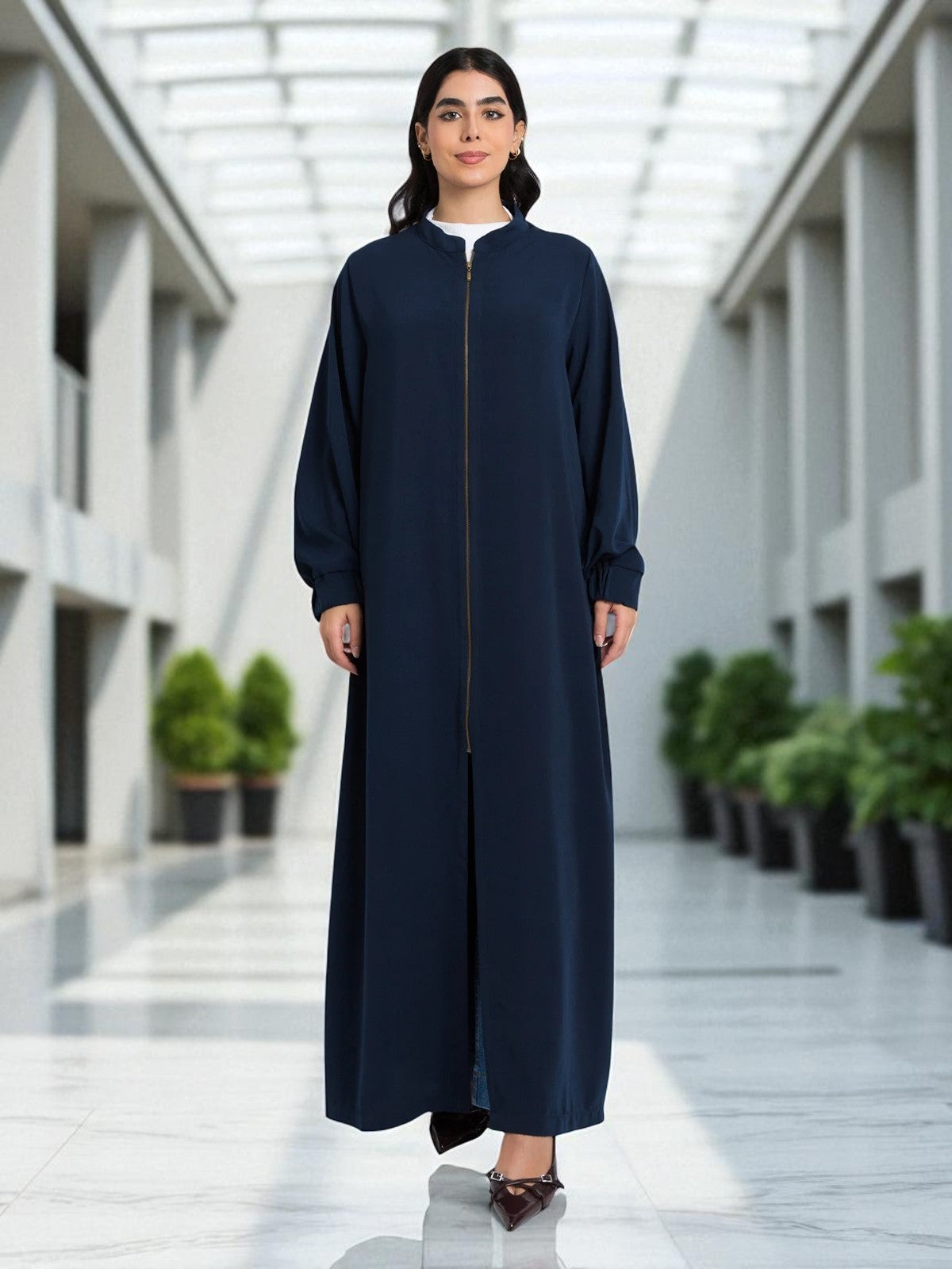 Front Open Abaya with Full Zipper in Firdaus Fabric - Elasticated Sleeves - Side Pockets - Complementary Hijab