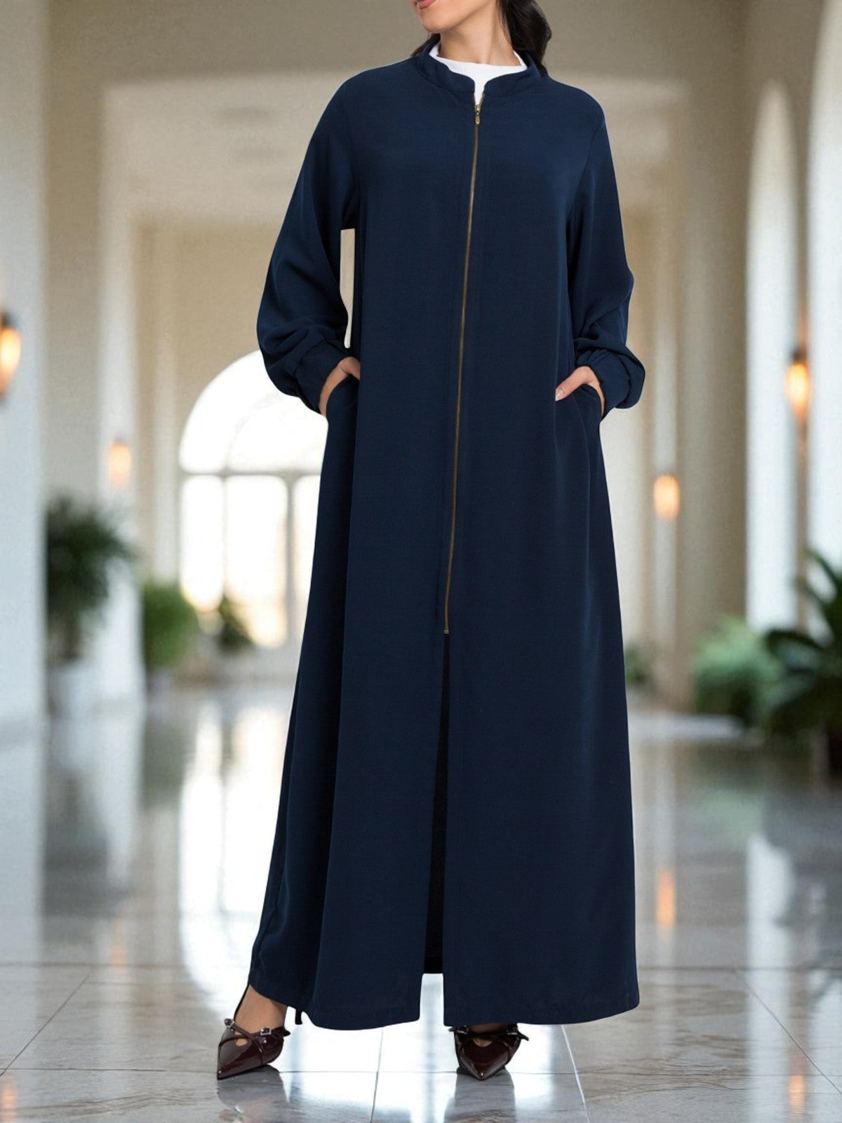 Front Open Abaya with Full Zipper in Firdaus Fabric - Elasticated Sleeves - Side Pockets - Complementary Hijab