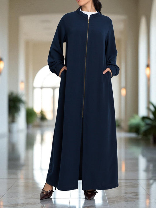 Front Open Abaya with Full Zipper in Firdaus Fabric - Elasticated Sleeves - Side Pockets - Complementary Hijab