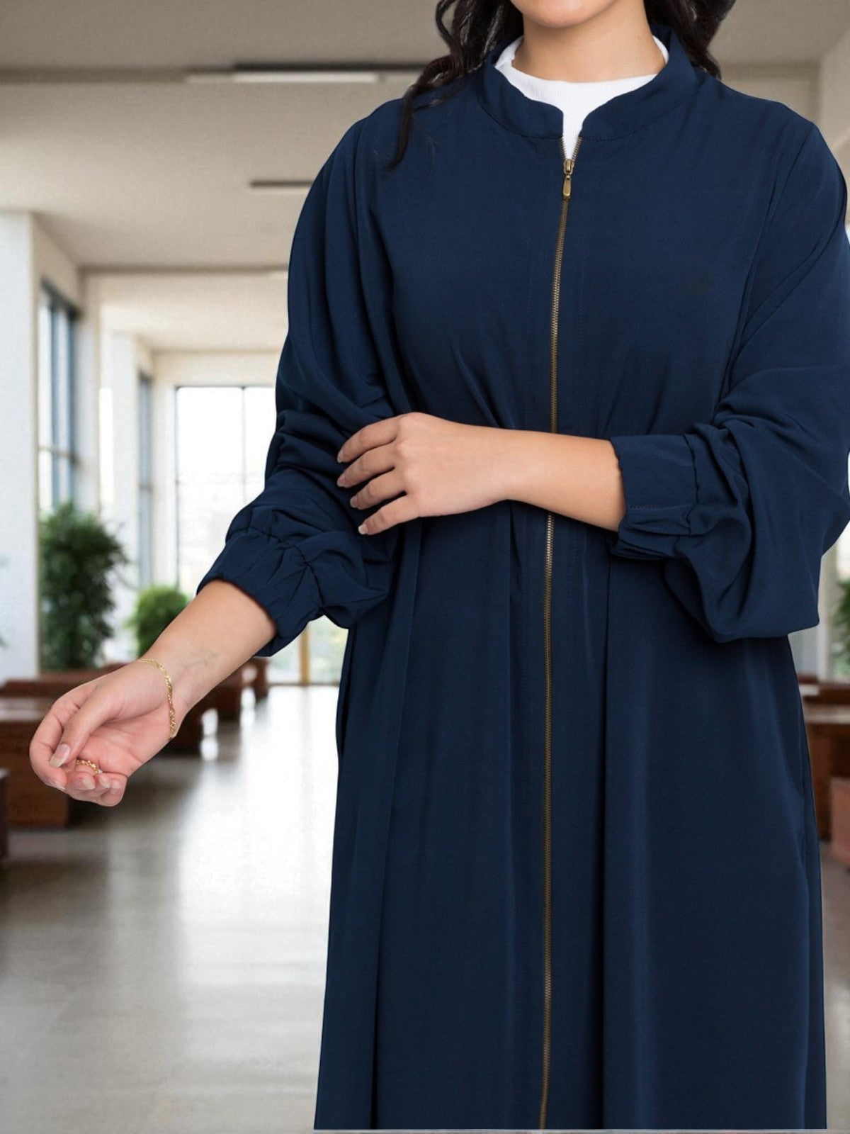 Front Open Abaya with Full Zipper in Firdaus Fabric - Elasticated Sleeves - Side Pockets - Complementary Hijab