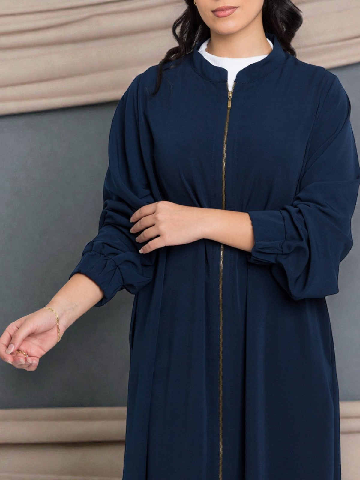 Front Open Abaya with Full Zipper in Firdaus Fabric - Elasticated Sleeves - Side Pockets - Complementary Hijab