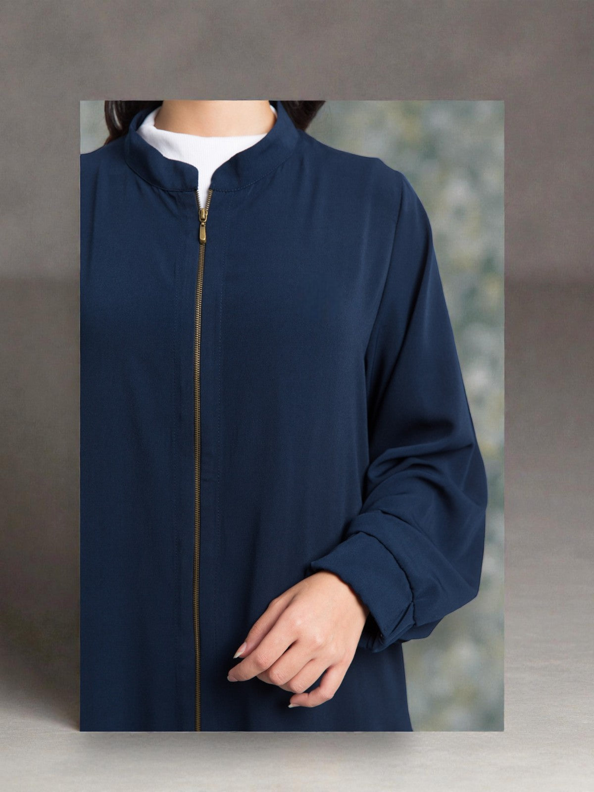 Front Open Abaya with Full Zipper in Firdaus Fabric - Elasticated Sleeves - Side Pockets - Complementary Hijab