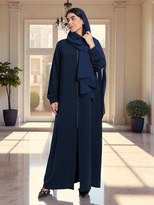 Front Open Abaya with Full Zipper in Firdaus Fabric - Elasticated Sleeves - Side Pockets - Complementary Hijab