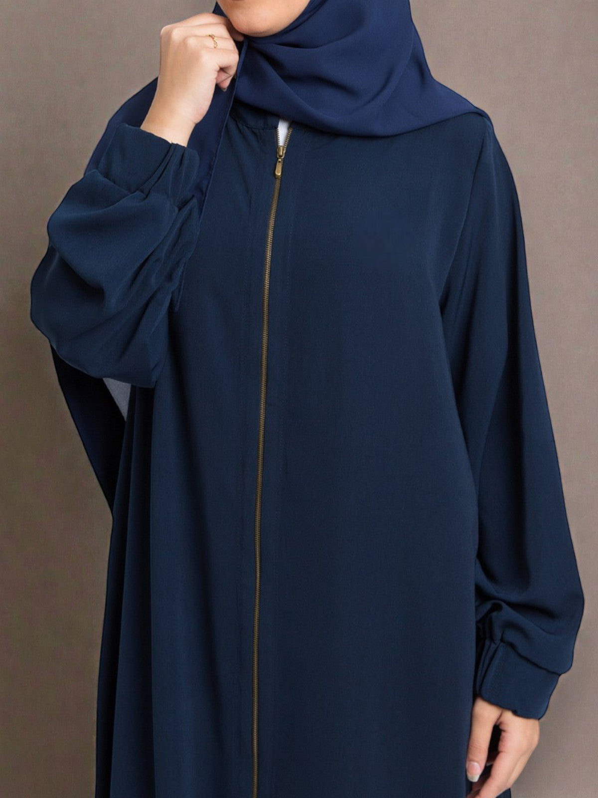 Front Open Abaya with Full Zipper in Firdaus Fabric - Elasticated Sleeves - Side Pockets - Complementary Hijab