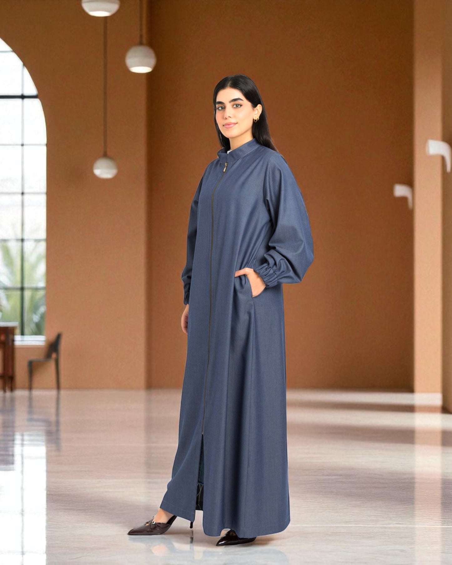 Front Open Abaya with Full Zipper in Silky Denim Fabric - Elasticated Sleeves - Side Pockets - Complementary Hijab