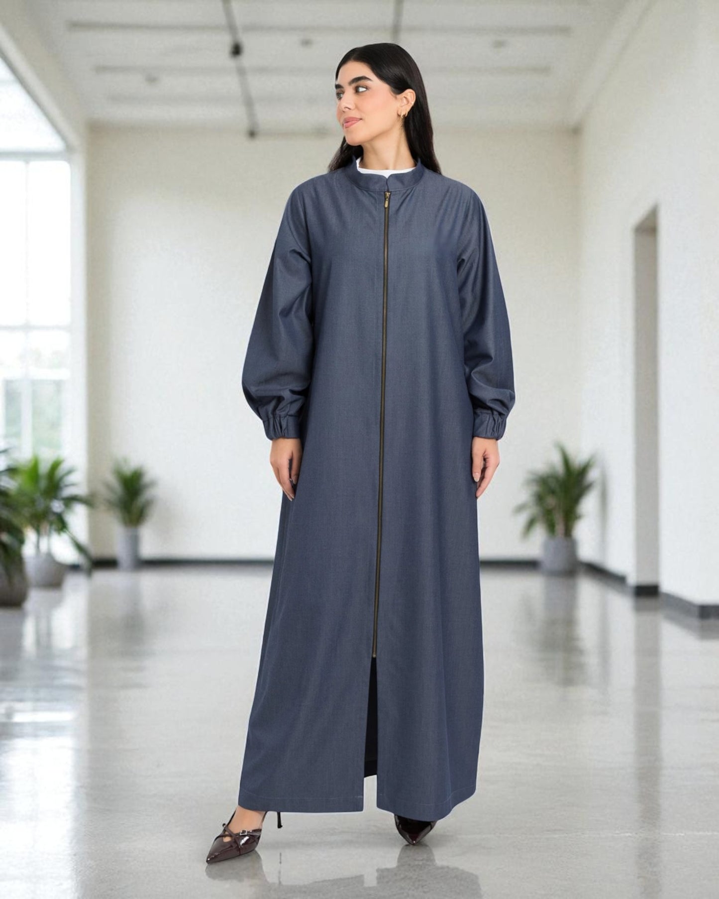 Front Open Abaya with Full Zipper in Silky Denim Fabric - Elasticated Sleeves - Side Pockets - Complementary Hijab