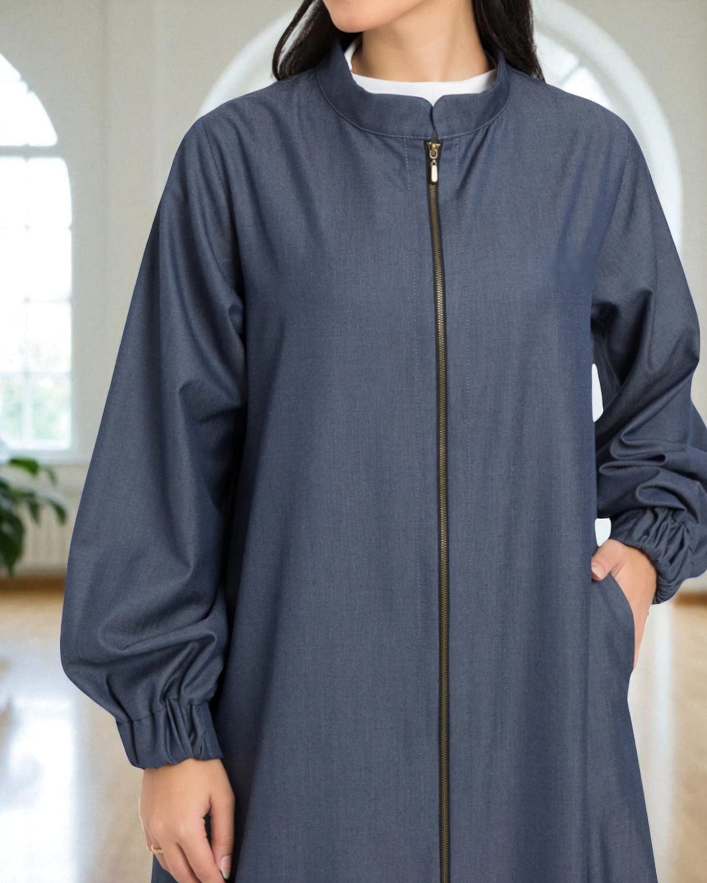 Front Open Abaya with Full Zipper in Silky Denim Fabric - Elasticated Sleeves - Side Pockets - Complementary Hijab