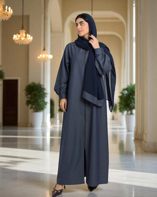 Front Open Abaya with Full Zipper in Silky Denim Fabric - Elasticated Sleeves - Side Pockets - Complementary Hijab