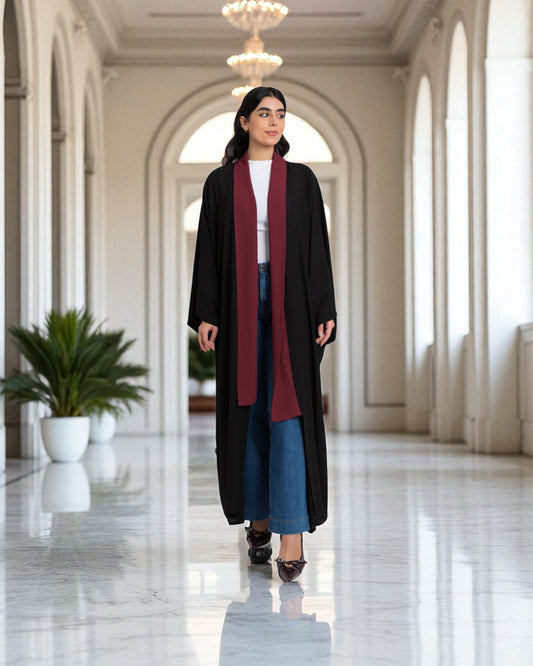 Shrug Like Abaya in Firdaus Fabric without Buttons - Contrast Color Panels - Side Pockets - Wide Sleeves - V-Neck - Complementary Hijab
