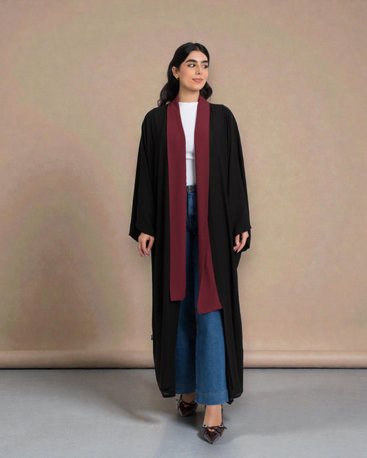 Shrug Like Abaya in Firdaus Fabric without Buttons - Contrast Color Panels - Side Pockets - Wide Sleeves - V-Neck - Complementary Hijab
