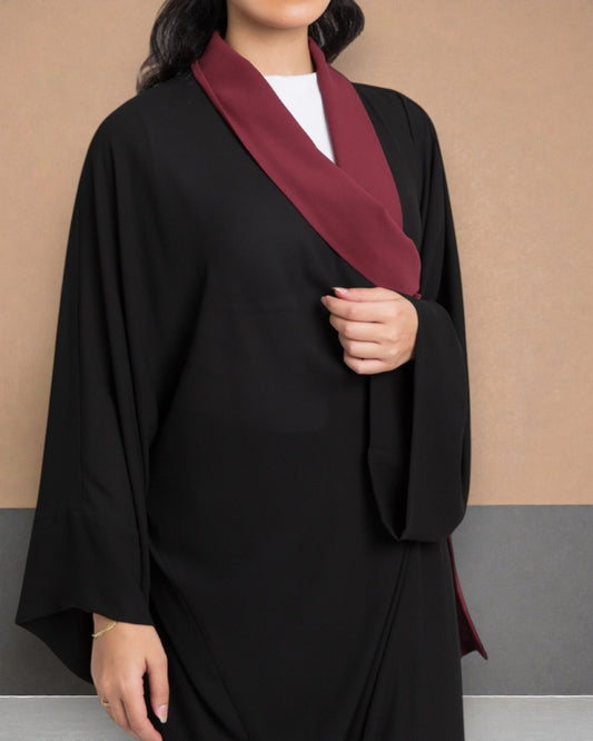 Shrug Like Abaya in Firdaus Fabric without Buttons - Contrast Color Panels - Side Pockets - Wide Sleeves - V-Neck - Complementary Hijab