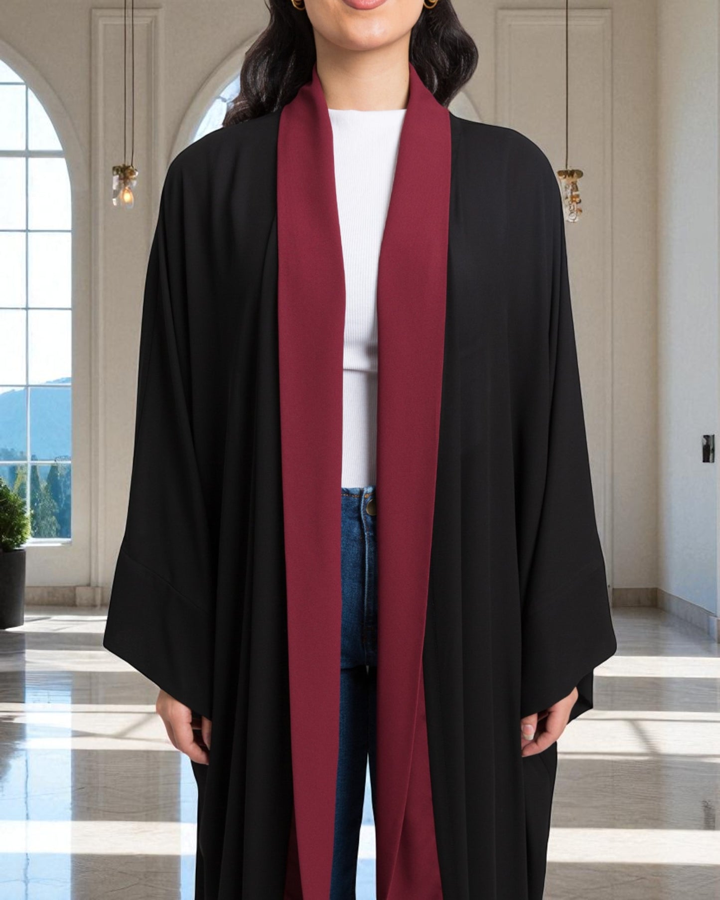 Shrug Like Abaya in Firdaus Fabric without Buttons - Contrast Color Panels - Side Pockets - Wide Sleeves - V-Neck - Complementary Hijab