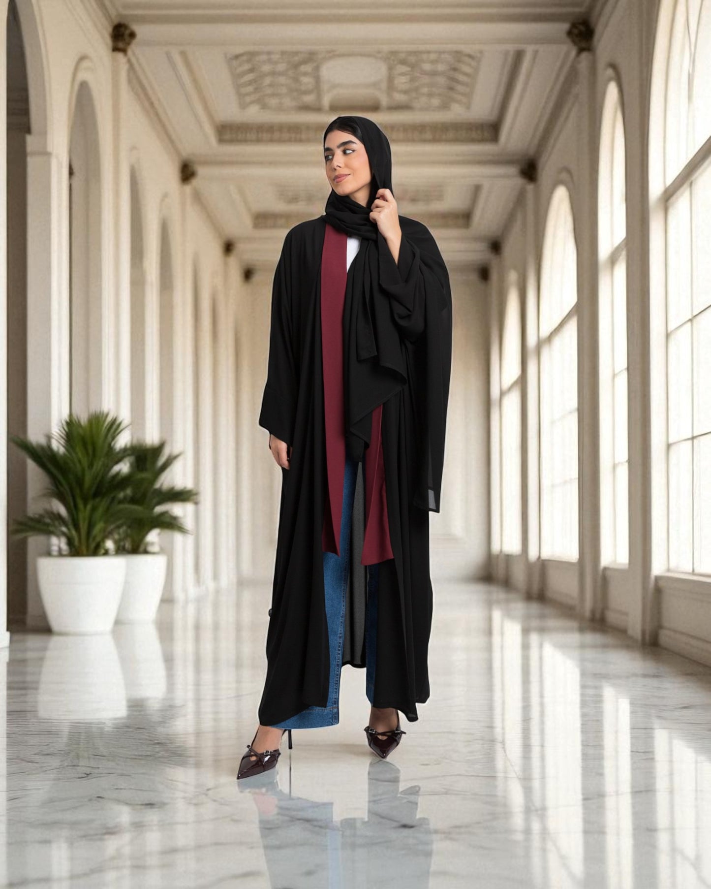 Shrug Like Abaya in Firdaus Fabric without Buttons - Contrast Color Panels - Side Pockets - Wide Sleeves - V-Neck - Complementary Hijab