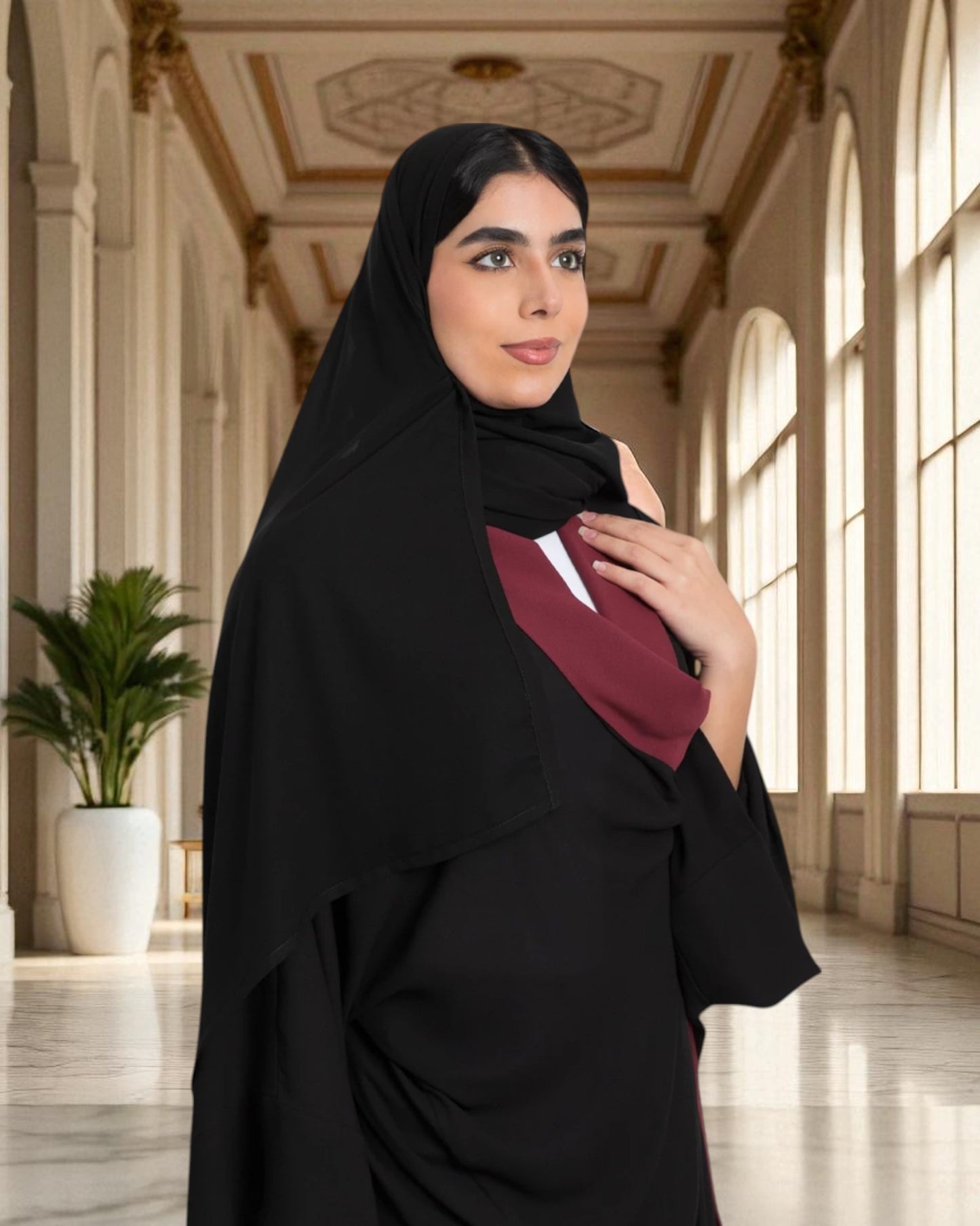 Shrug Like Abaya in Firdaus Fabric without Buttons - Contrast Color Panels - Side Pockets - Wide Sleeves - V-Neck - Complementary Hijab