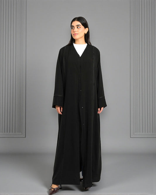 Front Open Abaya with Lacework - Firdaus Fabric - Wide Sleeves - Side Pockets - V Neck Design - Complementary Hijab