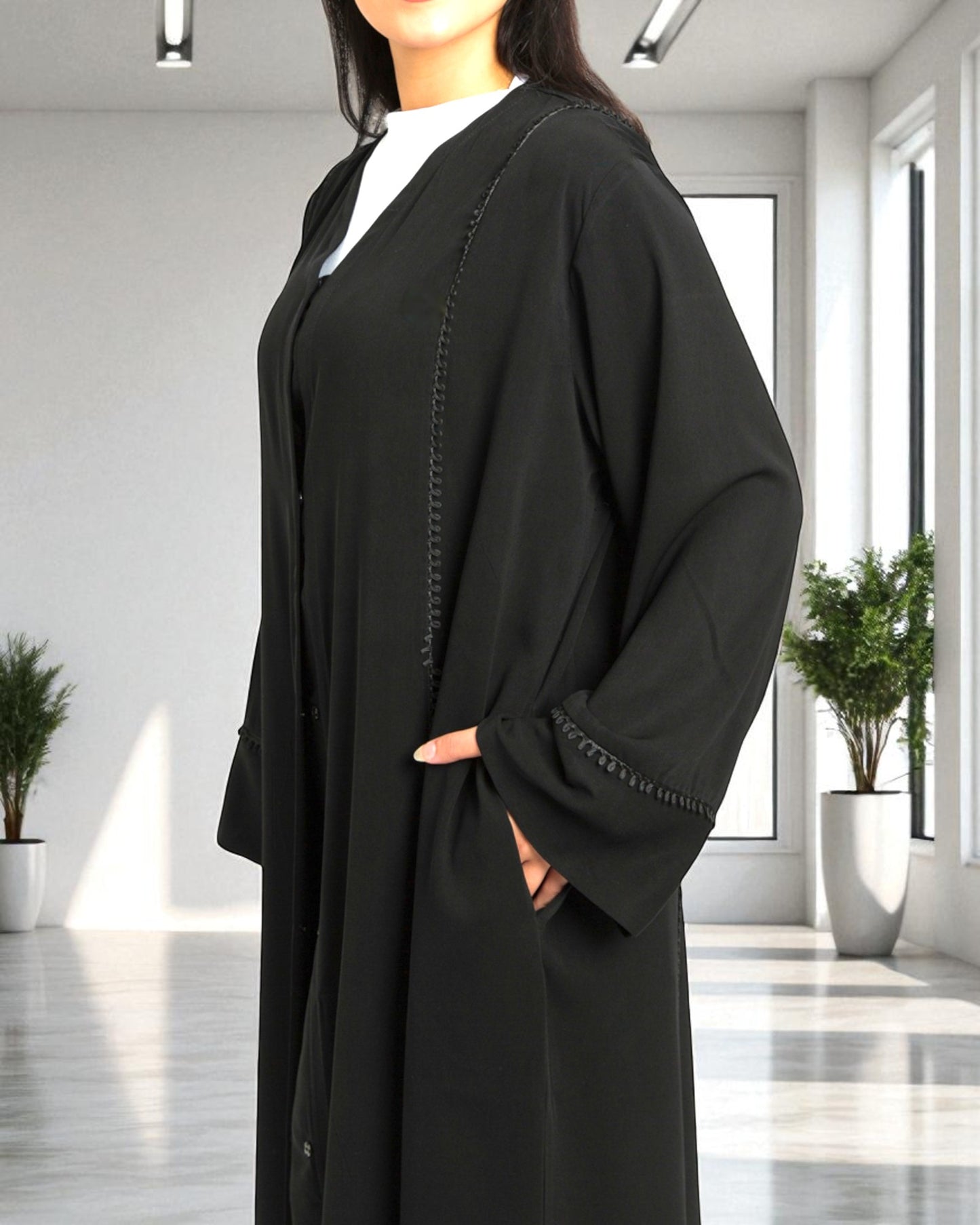 Front Open Abaya with Lacework - Firdaus Fabric - Wide Sleeves - Side Pockets - V Neck Design - Complementary Hijab