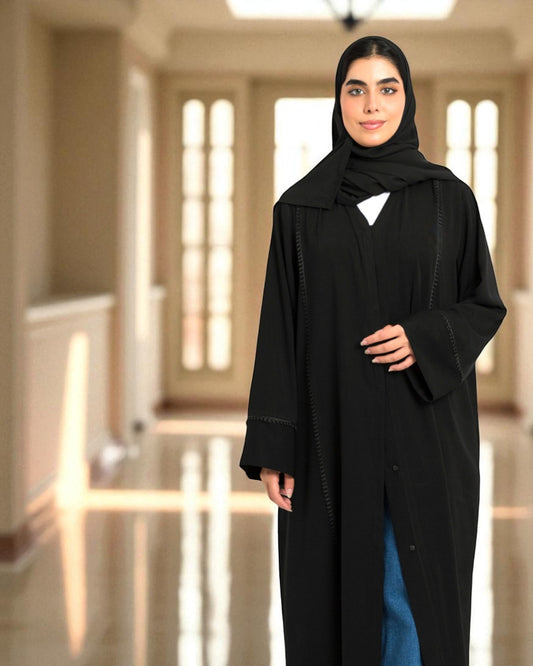 Front Open Abaya with Lacework - Firdaus Fabric - Wide Sleeves - Side Pockets - V Neck Design - Complementary Hijab