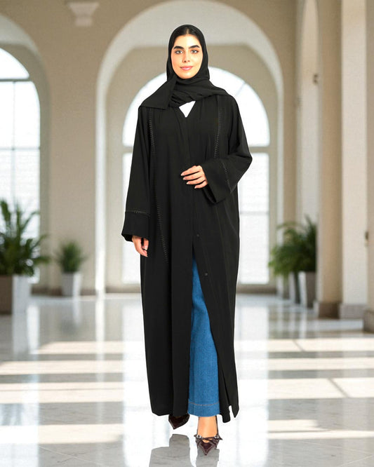 Front Open Abaya with Lacework - Firdaus Fabric - Wide Sleeves - Side Pockets - V Neck Design - Complementary Hijab