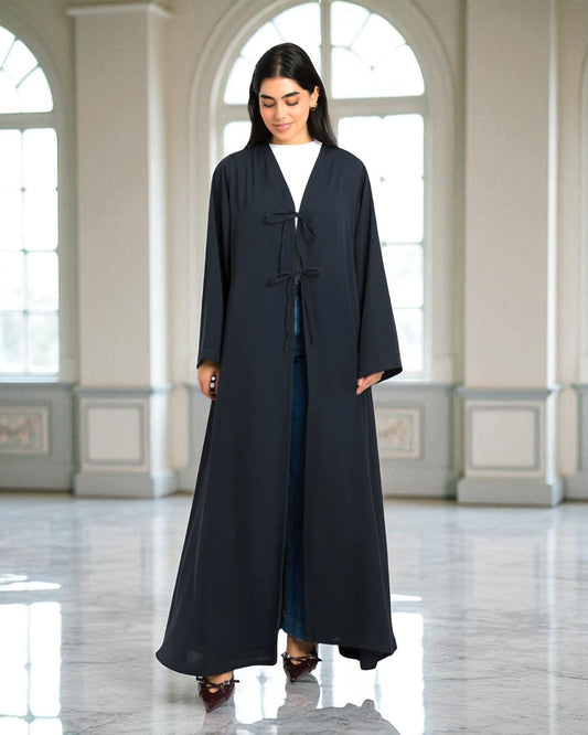 Shrug Like Abaya in Firdaus Fabric without Buttons - Ribbons to Tie and Close - Side Pockets - Wide Sleeves - V-Neck - Complementary Hijab