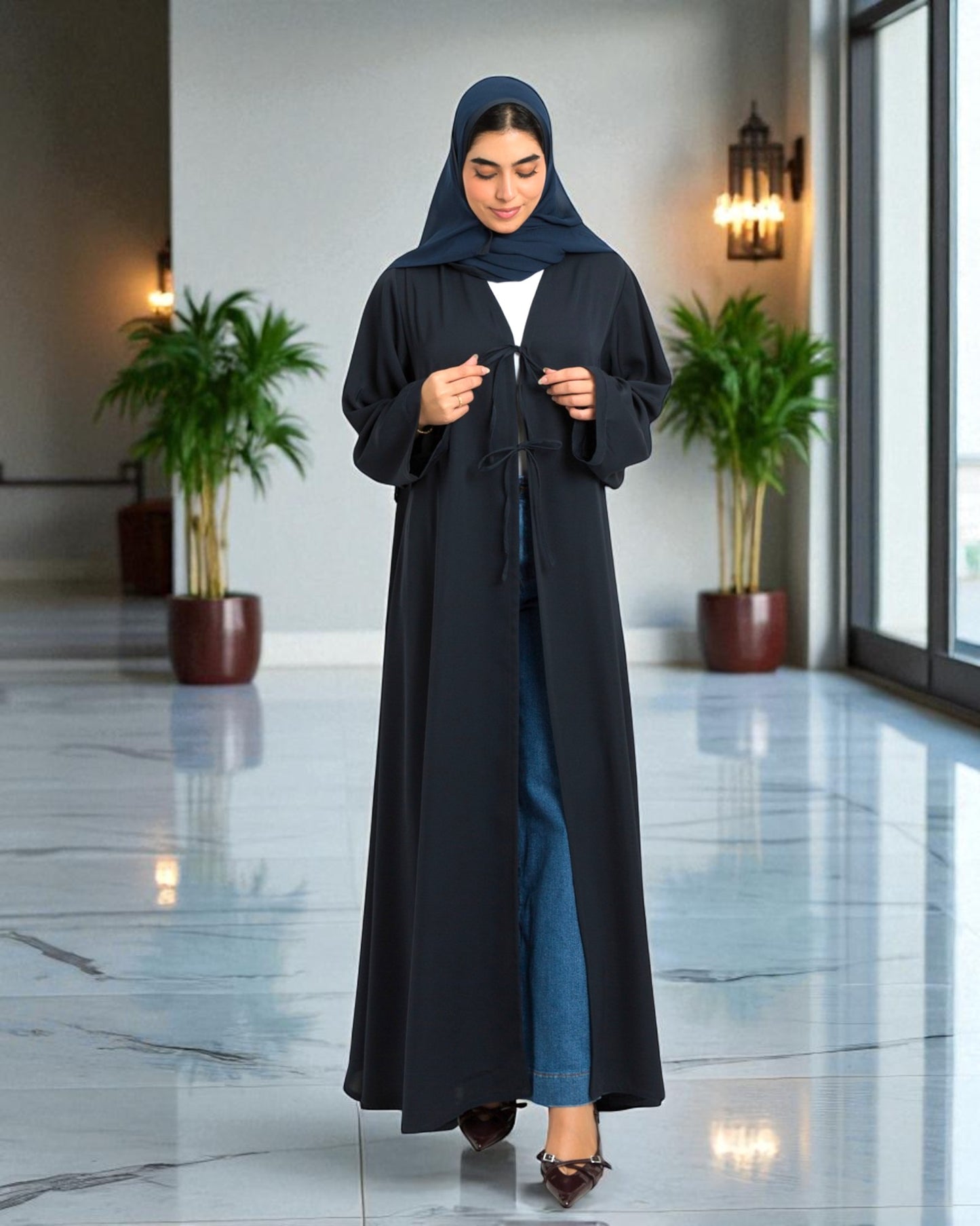 Shrug Like Abaya in Firdaus Fabric without Buttons - Ribbons to Tie and Close - Side Pockets - Wide Sleeves - V-Neck - Complementary Hijab