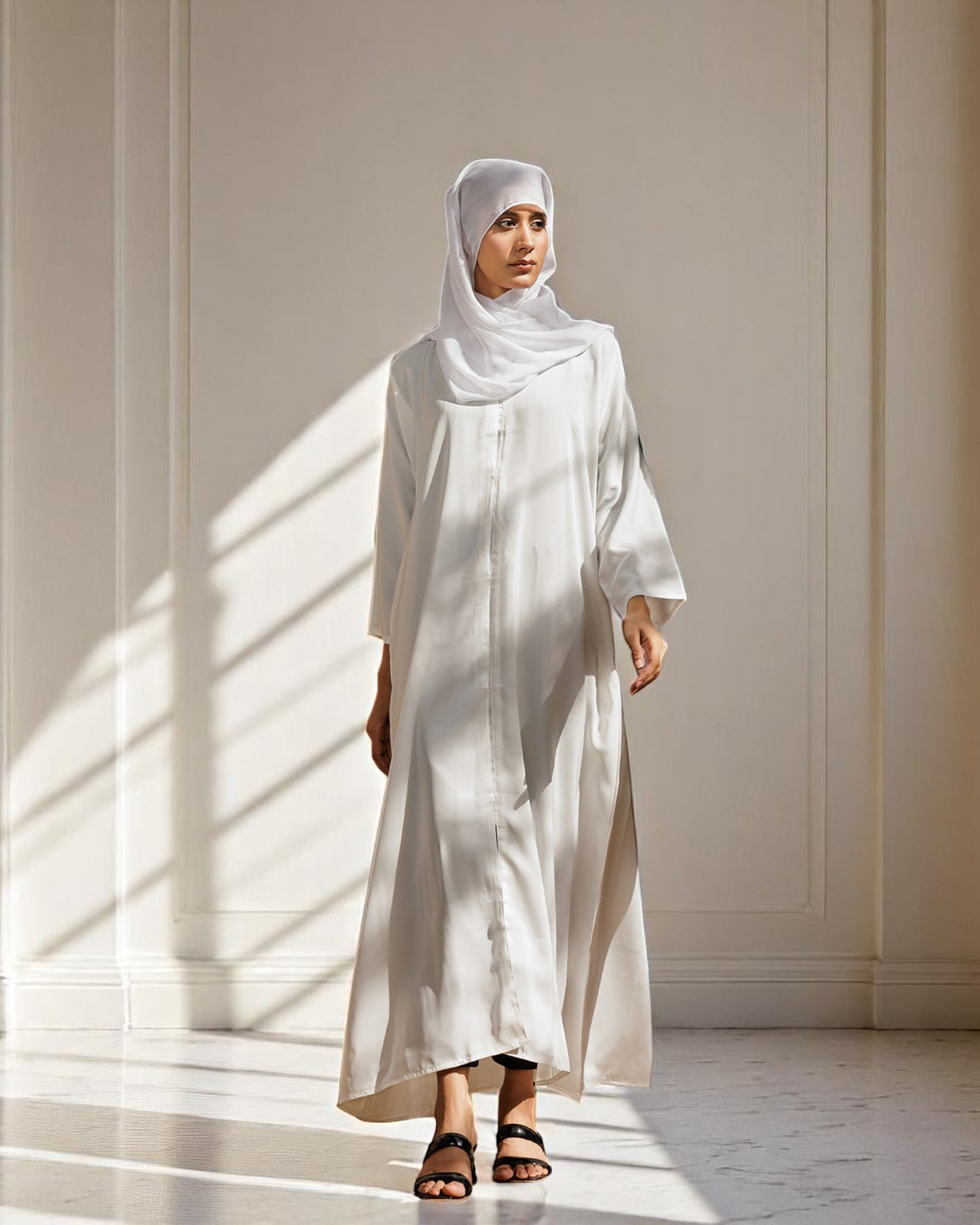 A-Line Closed White Abaya in CYE Crush Fabric with Show Buttons, Wide Sleeves, Pockets & V-Neck