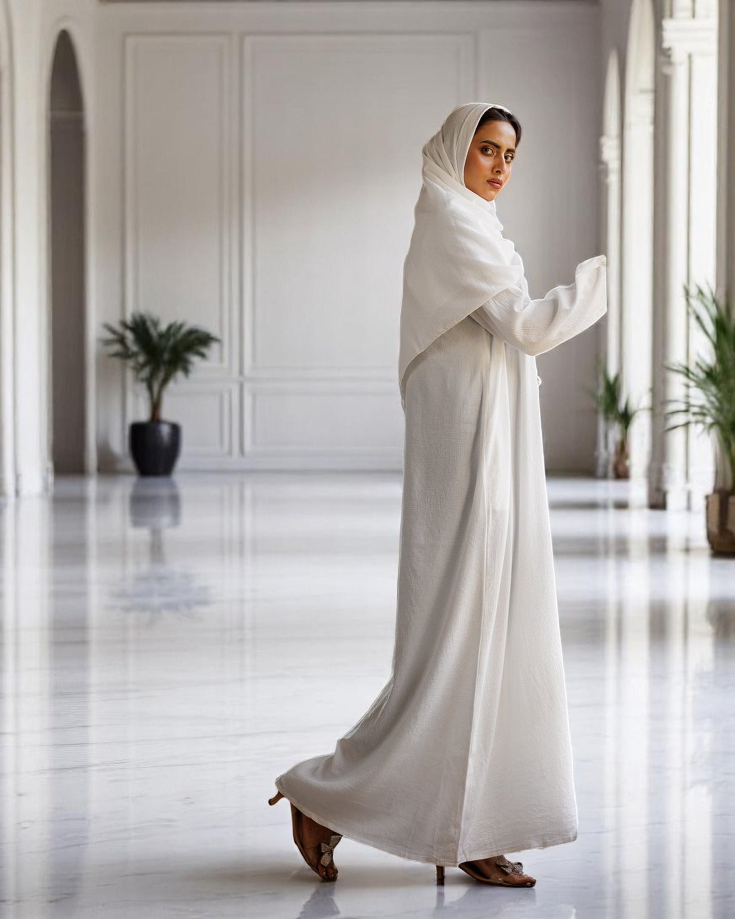 A-Line Closed White Abaya in CYE Crush Fabric with Show Buttons, Wide Sleeves, Pockets & V-Neck