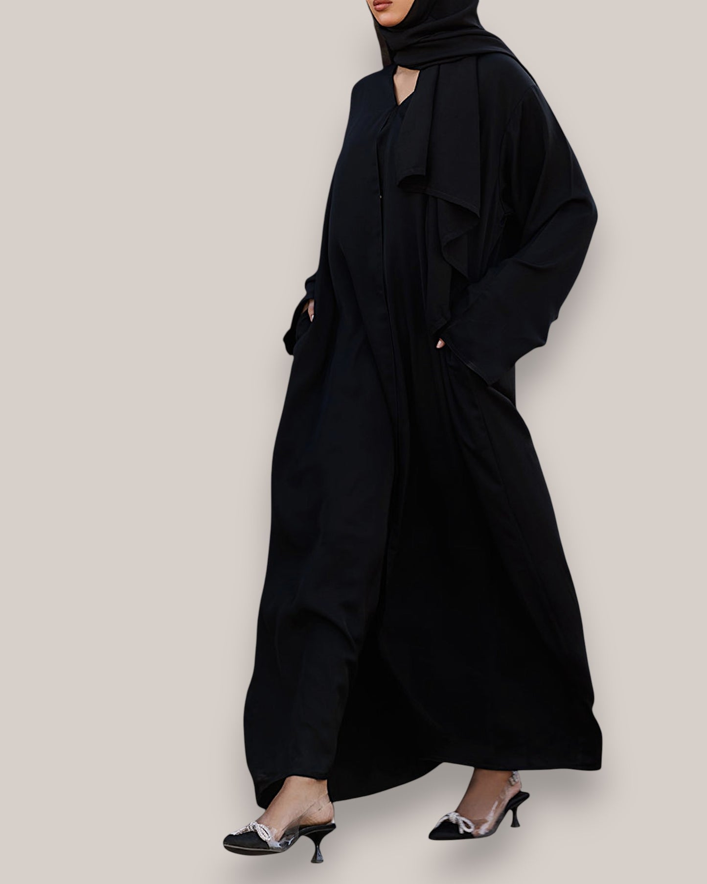 Elegant Front Open Firdaus Abaya with V-Neck & Hijab Set