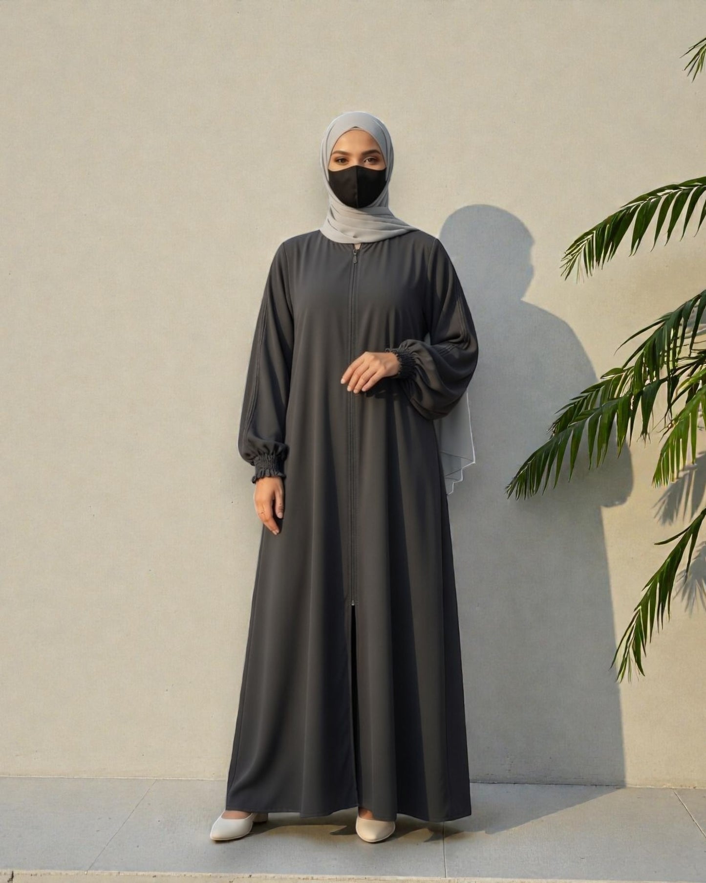 Dark Grey Abaya With Hijab – Front Open Zipper Style