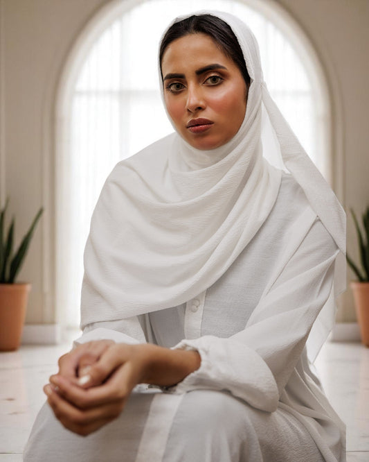 A-Line Closed White Abaya in CYE Crush Fabric with Show Buttons, Wide Sleeves, Pockets & V-Neck