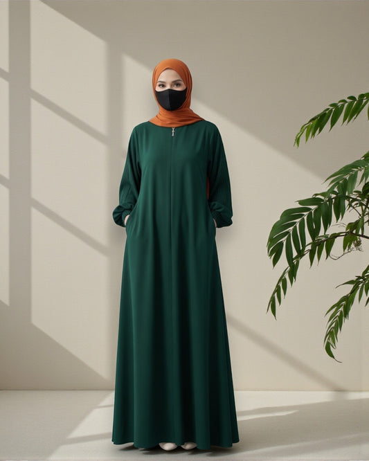 Green Abaya With Hijab – Front Open Zipper Style