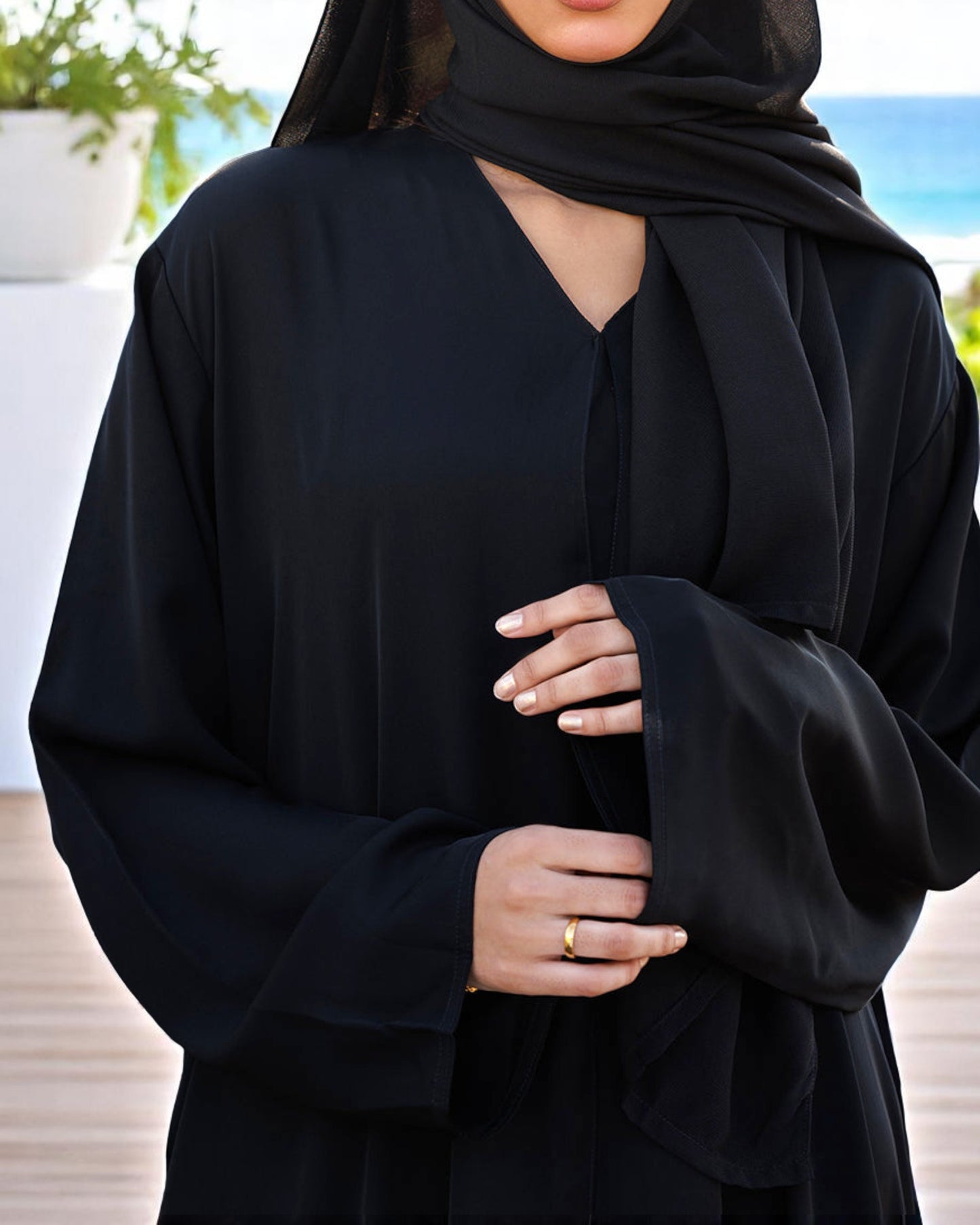 Front Open Black Abaya in Firdaus Fabric with Snap Buttons, Wide Sleeves, Pockets & V-Neck