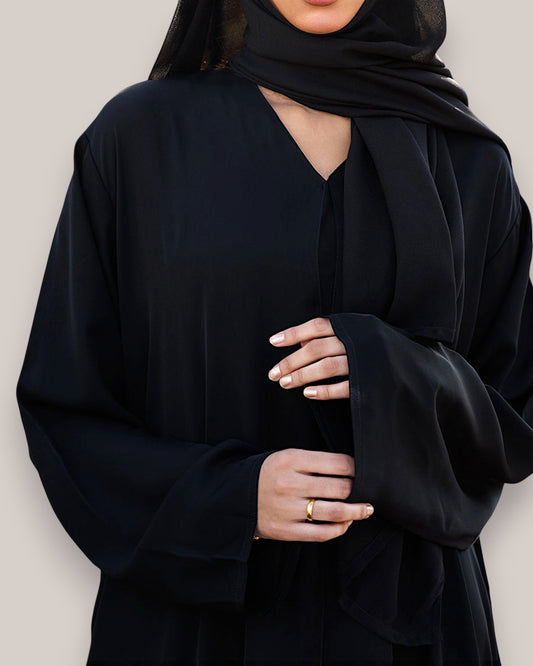 Elegant Front Open Firdaus Abaya with V-Neck & Hijab Set